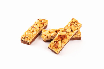 Nutritious granola bars isolated on white background.