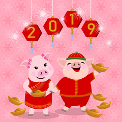 Cute happy pig with gold, Chinese new year, year of the pig.