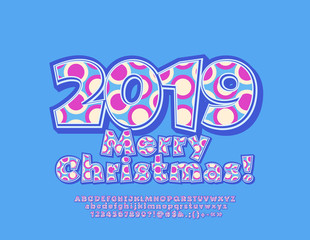 Vector bright Greeting Card Merry Christmas 2019. Colorful Kids Font. Playful Alphabet Letters, Numbers and Symbols.
