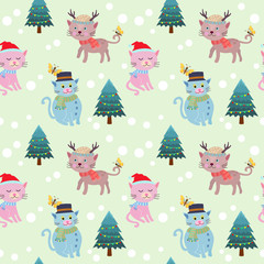 Cute cat and christmas tree seamless pattern.