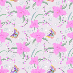 Fototapeta na wymiar Pink orchids and butterfly seamless pattern.