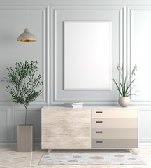 Mock up poster frame in Scandinavian style hipster interior. 3D illustration.