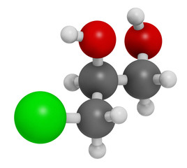 3-MCPD carcinogenic food by-product molecule. Produced when hydrochloric acid is added to food to speed up protein hydrolysis. 3D rendering. Atoms are represented as spheres .