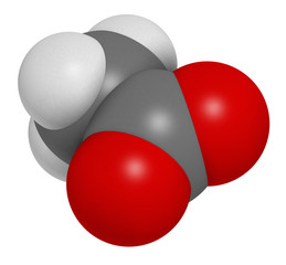 Acetate anion, chemical structure. 3D rendering. Atoms are represented as spheres with conventional color coding: carbon (grey), hydrogen (white), oxygen (red).