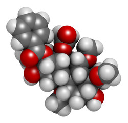 Aconitine molecule. Toxin present in Aconitum plants (monkshood). 3D rendering. Atoms are represented as spheres with conventional color coding.