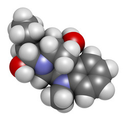 Ajmaline antiarrhytmic agent molecule.  3D rendering. Atoms are represented as spheres with conventional color coding: hydrogen (white), carbon (grey), oxygen (red), nitrogen (blue).
