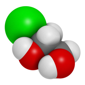 3-MCPD carcinogenic food by-product molecule. Produced when hydrochloric acid is added to food to speed up protein hydrolysis. 3D rendering. Atoms are represented as spheres .