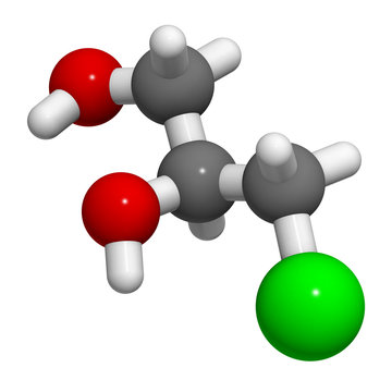 3-MCPD carcinogenic food by-product molecule. Produced when hydrochloric acid is added to food to speed up protein hydrolysis. 3D rendering. Atoms are represented as spheres .