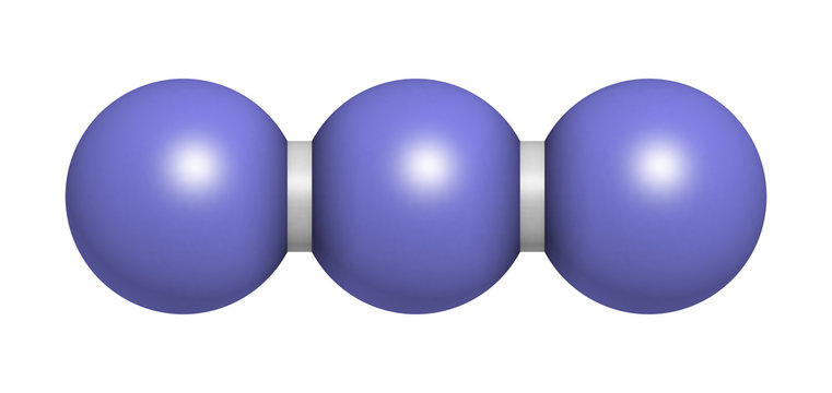 Azide anion, chemical structure. Azide salts are used in detonators and as propellants. 3D rendering. Atoms are represented as spheres with conventional color coding: nitrogen (blue).