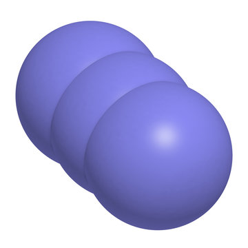 Azide anion, chemical structure. Azide salts are used in detonators and as propellants. 3D rendering. Atoms are represented as spheres with conventional color coding: nitrogen (blue).
