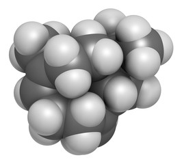 Caryophyllene molecule. Constituent of multiple herbal essential oils, including clove oil. 3D rendering. Atoms are represented as spheres with conventional color coding.
