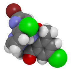Chlorantraniliprole insecticide molecule (ryanoid class). 3D rendering. Atoms are represented as spheres with conventional color coding: hydrogen (white), etc