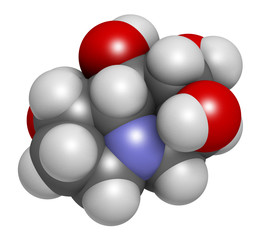 Castanospermine alkaloid molecule. Isolated from Castanospermum australe. 3D rendering. Atoms are represented as spheres with conventional color coding.