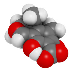 Citrinin mycotoxin molecule. 3D rendering. Atoms are represented as spheres with conventional color coding: hydrogen (white), carbon (grey), oxygen (red).