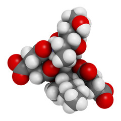 Fumonisin B1 mycotoxin molecule. Fungal toxin produced by some Fusarium molds, often present in corn and other cereals. 3D rendering. Atoms are represented as spheres with conventional color coding.