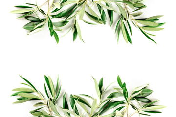 A photo of a frame of olive tree branches and leaves with copy space, shot from above on a white...