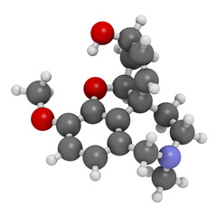 Galantamine alkaloid molecule. Found in Caucasian snowdrop, used in treatment of Alzheimer's disease. 3D rendering. Atoms are represented as spheres with conventional color coding.