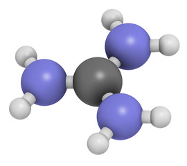 Guanidinium cation. Protonated form of guanidine. 3D rendering. Atoms are represented as spheres with conventional color coding: hydrogen (white), carbon (grey), nitrogen (blue).
