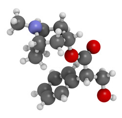 Hyoscyamine alkaloid molecule. Herbal sources include henbane, mandrake, jimsonweed, deadly nightshade and tomato. 3D rendering. Atoms are represented as spheres with conventional color.