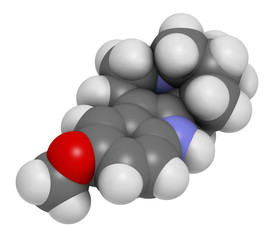 Ibogaine alkaloid molecule, found in Tabernanthe iboga. 3D rendering. Atoms are represented as spheres with conventional color coding: hydrogen (white), carbon (grey), oxygen (red), nitrogen (blue).