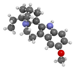 Ibogaine alkaloid molecule, found in Tabernanthe iboga. 3D rendering. Atoms are represented as spheres with conventional color coding: hydrogen (white), carbon (grey), oxygen (red), nitrogen (blue).