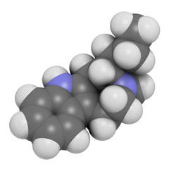 Ibogamine alkaloid molecule, found in Tabernanthe iboga. 3D rendering. Atoms are represented as spheres with conventional color coding: hydrogen (white), carbon (grey), oxygen (red), nitrogen (blue).