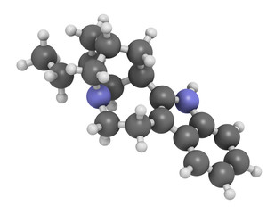 Ibogamine alkaloid molecule, found in Tabernanthe iboga. 3D rendering. Atoms are represented as spheres with conventional color coding: hydrogen (white), carbon (grey), oxygen (red), nitrogen (blue).