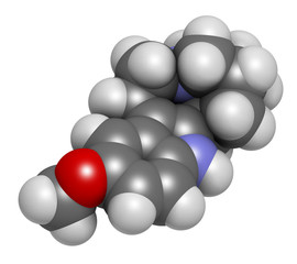 Ibogaine alkaloid molecule, found in Tabernanthe iboga. 3D rendering. Atoms are represented as spheres with conventional color coding: hydrogen (white), carbon (grey), oxygen (red), nitrogen (blue).