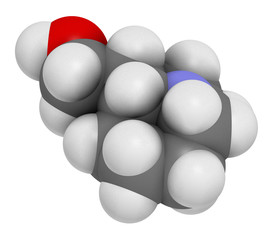 lupinine lupin alkaloid molecule. 3D rendering. Atoms are represented as spheres with conventional color coding: hydrogen (white), carbon (grey), oxygen (red), nitrogen (blue).