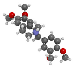 Laudanosine papaver alkaloid molecule. 3D rendering. Atoms are represented as spheres with conventional color coding: hydrogen (white), carbon (grey), oxygen (red), nitrogen (blue).