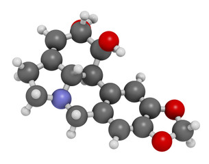 Lycorine alkaloid molecule. Found in Amaryllidaceae plants, including lilies and daffodils. 3D rendering. Atoms are represented as spheres with conventional color coding: hydrogen (white), etc