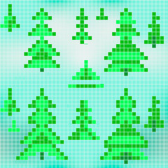 Vector. Seamless christmas pattern of Christmas tree on a blue background. Pixel art.