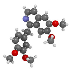 Papaverine opium alkaloid molecule. Used as antispasmodic drug. 3D rendering. Atoms are represented as spheres with conventional color coding.