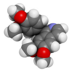 Papaverine opium alkaloid molecule. Used as antispasmodic drug. 3D rendering. Atoms are represented as spheres with conventional color coding.