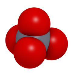 Permanganate anion, chemical structure. 3D rendering. Atoms are represented as spheres with conventional color coding: manganese (grey), oxygen (red).