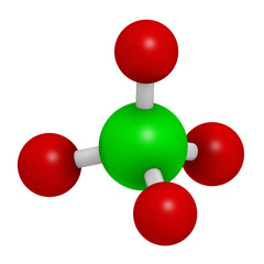 Perchlorate anion, chemical structure. Salts are used in rocket propellants.  3D rendering. Atoms are represented as spheres with conventional color coding: chlorine (green), oxygen (red).