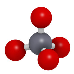 Permanganate anion, chemical structure. 3D rendering. Atoms are represented as spheres with conventional color coding: manganese (grey), oxygen (red).