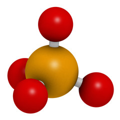 Phosphate anion, chemical structure. 3D rendering. Atoms are represented as spheres with conventional color coding: phosphorus (orange), oxygen (red).
