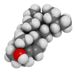 Solanidine potato toxin molecule. 3D rendering. Atoms are represented as spheres with conventional color coding: hydrogen (white), carbon (grey), oxygen (red), nitrogen (blue).