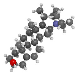 Solanidine potato toxin molecule. 3D rendering. Atoms are represented as spheres with conventional color coding: hydrogen (white), carbon (grey), oxygen (red), nitrogen (blue).