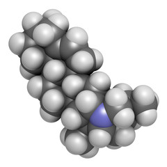 Solanidine potato toxin molecule. 3D rendering. Atoms are represented as spheres with conventional color coding: hydrogen (white), carbon (grey), oxygen (red), nitrogen (blue).