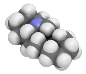 Sparteine scotch broom alkaloid molecule. 3D rendering. Atoms are represented as spheres with conventional color coding: hydrogen (white), carbon (grey), nitrogen (blue).