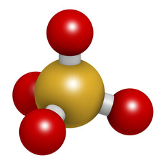 Sulfate anion, chemical structure. 3D rendering. Atoms are represented as spheres with conventional color coding: sulfur (yellow), oxygen (red).