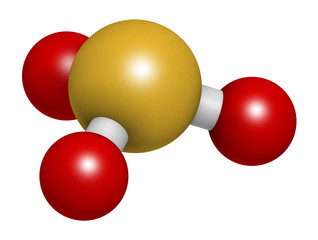 Sulfite anion, chemical structure. Sulfite salts are common food additives. 3D rendering. Atoms are represented as spheres with conventional color coding: sulfur (yellow), oxygen (red).