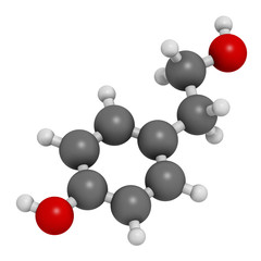 Tyrosol molecule. Antioxidant found in olive oil. 3D rendering. Atoms are represented as spheres with conventional color coding: hydrogen (white), carbon (grey), oxygen (red).