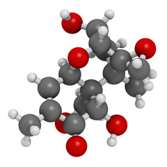 Vomitoxin (deoxynivalenol, DON) mycotoxin molecule. 3D rendering. Atoms are represented as spheres with conventional color coding: hydrogen (white), carbon (grey), oxygen (red).