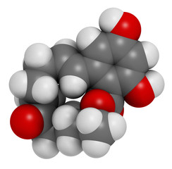 Zearalenone (ZEN) mycotoxin molecule. Produced by some Fusarium and Gibberella species. 3D rendering. Atoms are represented as spheres with conventional color coding.