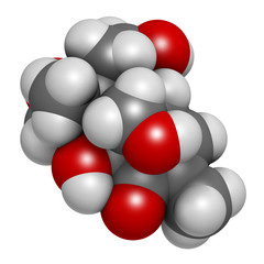 Vomitoxin (deoxynivalenol, DON) mycotoxin molecule. 3D rendering. Atoms are represented as spheres with conventional color coding: hydrogen (white), carbon (grey), oxygen (red).