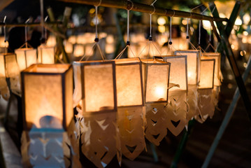 Candle Lighting Paper Lanterns in Loy Kratong festival , Yee Peng Festival (North of Thailand new years) , Chiang Mai ,Thailand