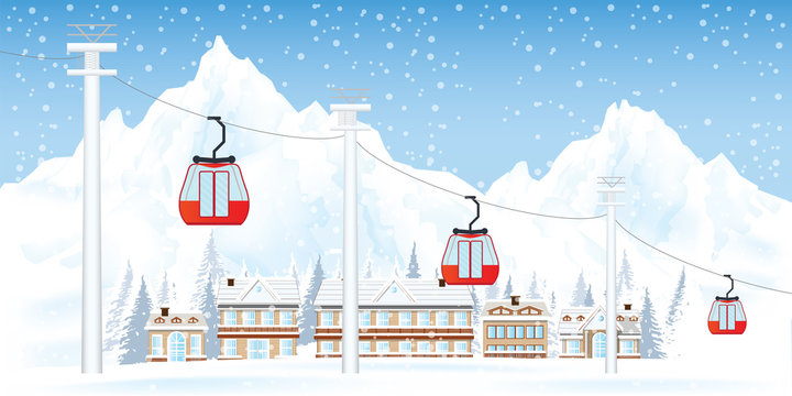 Ski resort with cable cars or aerial lift .